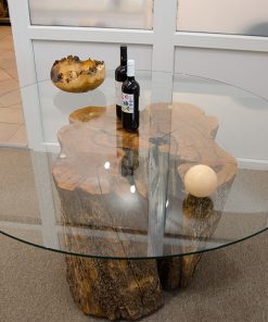 Olivenbaumtisch mit Glasplatte aus Olivenholzstamm Online-Shop 3